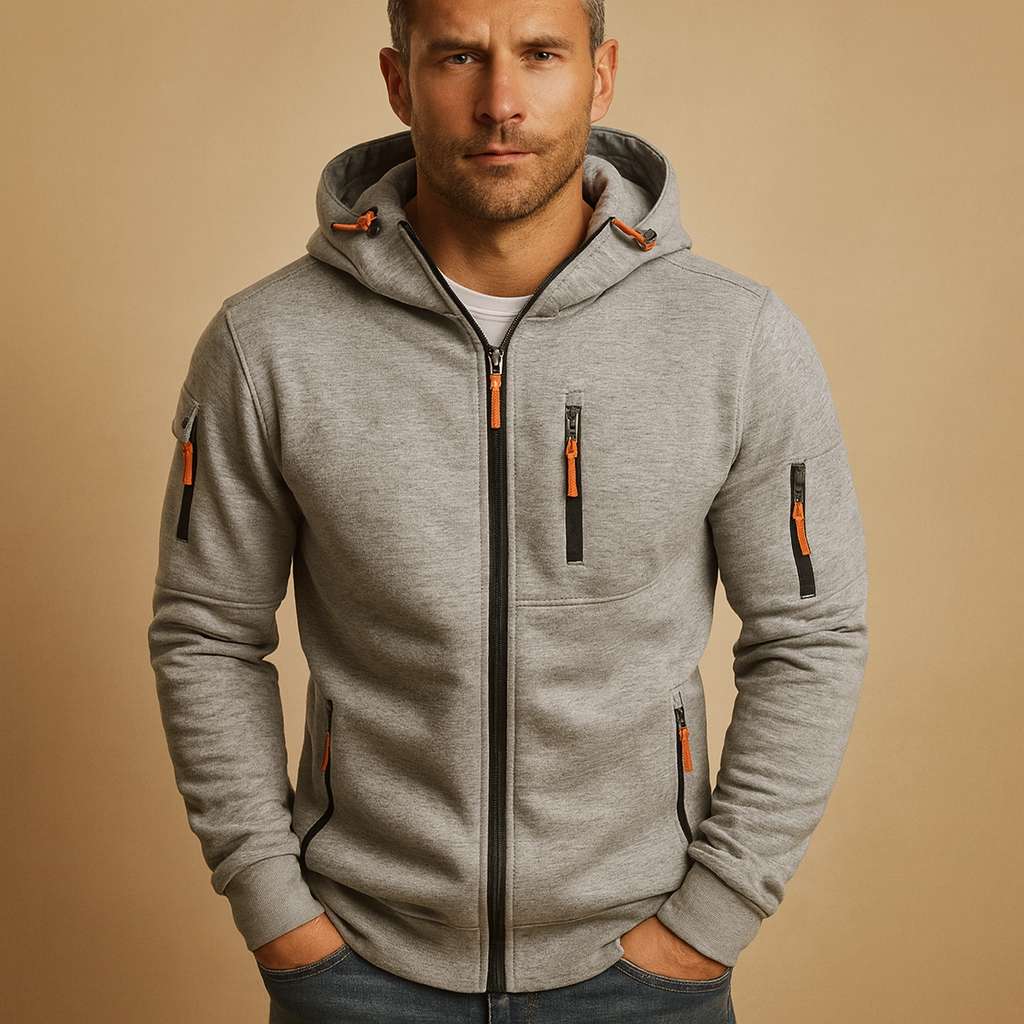 Men’s zip hoodie with adjustable hood in black, blue, grey, green, or white. Comfortable, breathable, and perfect for casual and sporty autumn outfits.