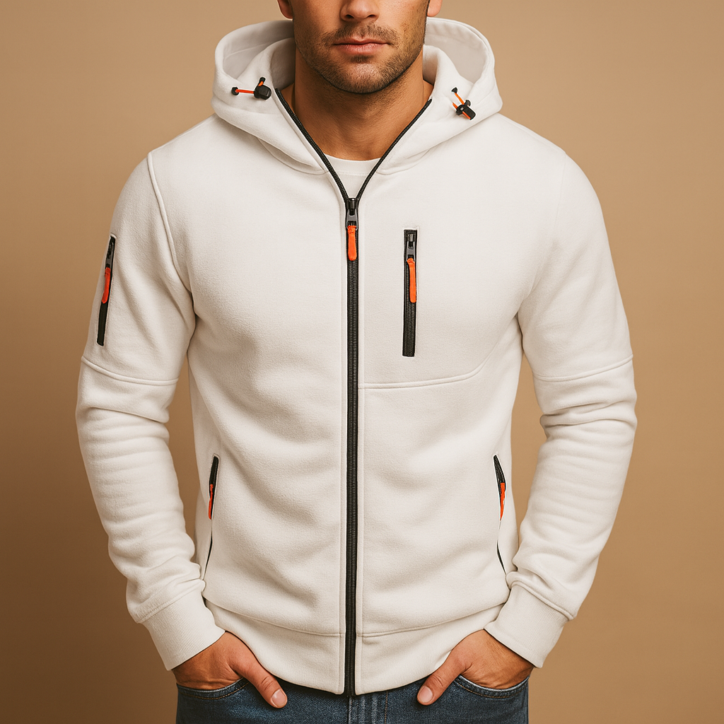 Men’s zip hoodie with adjustable hood in black, blue, grey, green, or white. Comfortable, breathable, and perfect for casual and sporty autumn outfits.