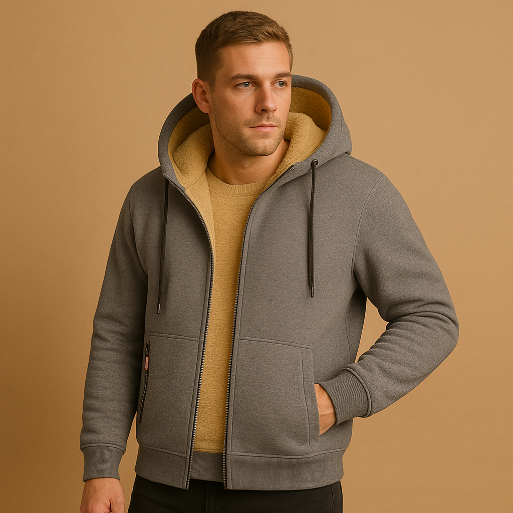 Men’s zipped hoodie with relaxed fit, hood, and zipper, available in black, gray, and navy blue. Perfect for casual wear, outdoor activities, or daily comfort.