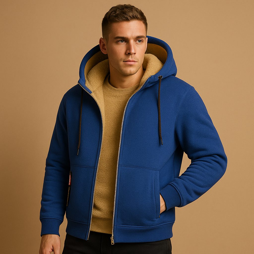 Men’s zipped hoodie with relaxed fit, hood, and zipper, available in black, gray, and navy blue. Perfect for casual wear, outdoor activities, or daily comfort.