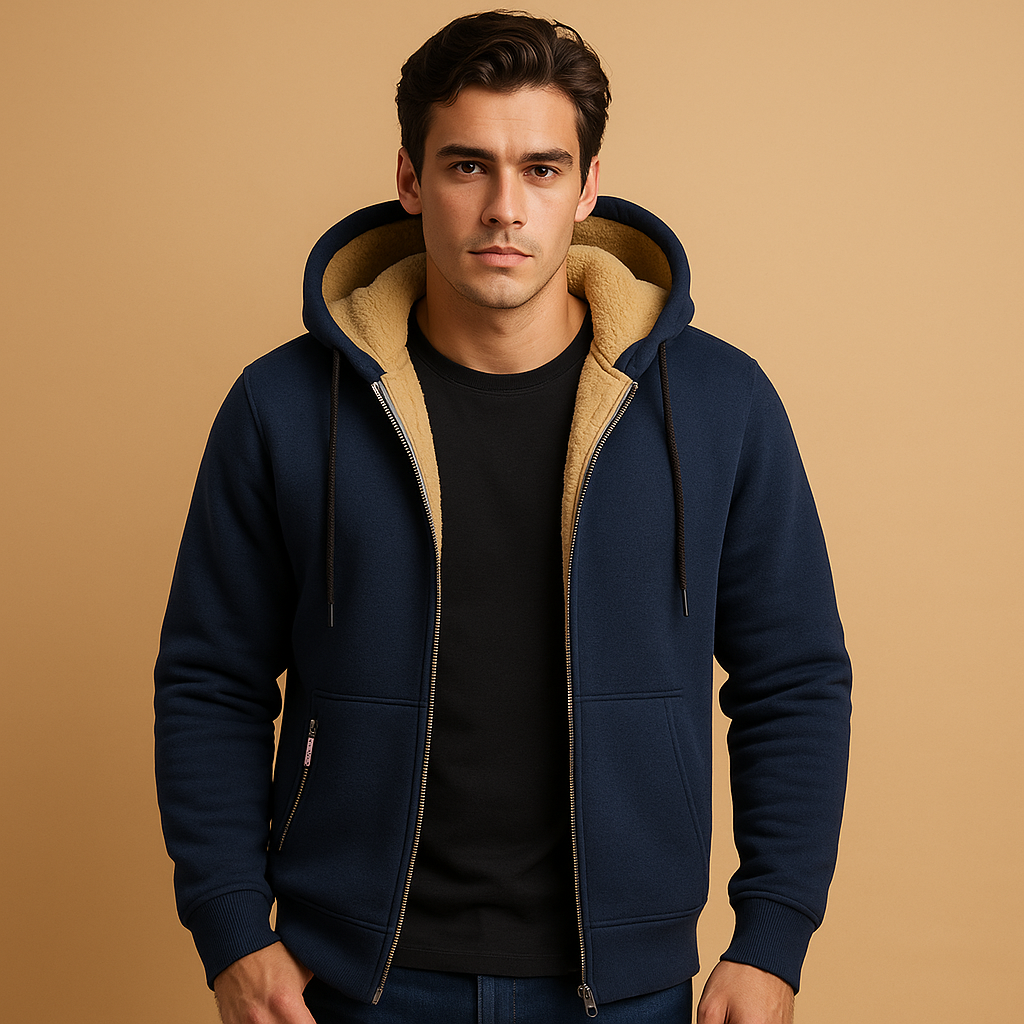 Men’s zipped hoodie with relaxed fit, hood, and zipper, available in black, gray, and navy blue. Perfect for casual wear, outdoor activities, or daily comfort.