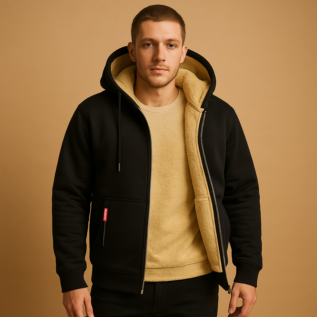 Men’s zipped hoodie with relaxed fit, hood, and zipper, available in black, gray, and navy blue. Perfect for casual wear, outdoor activities, or daily comfort.