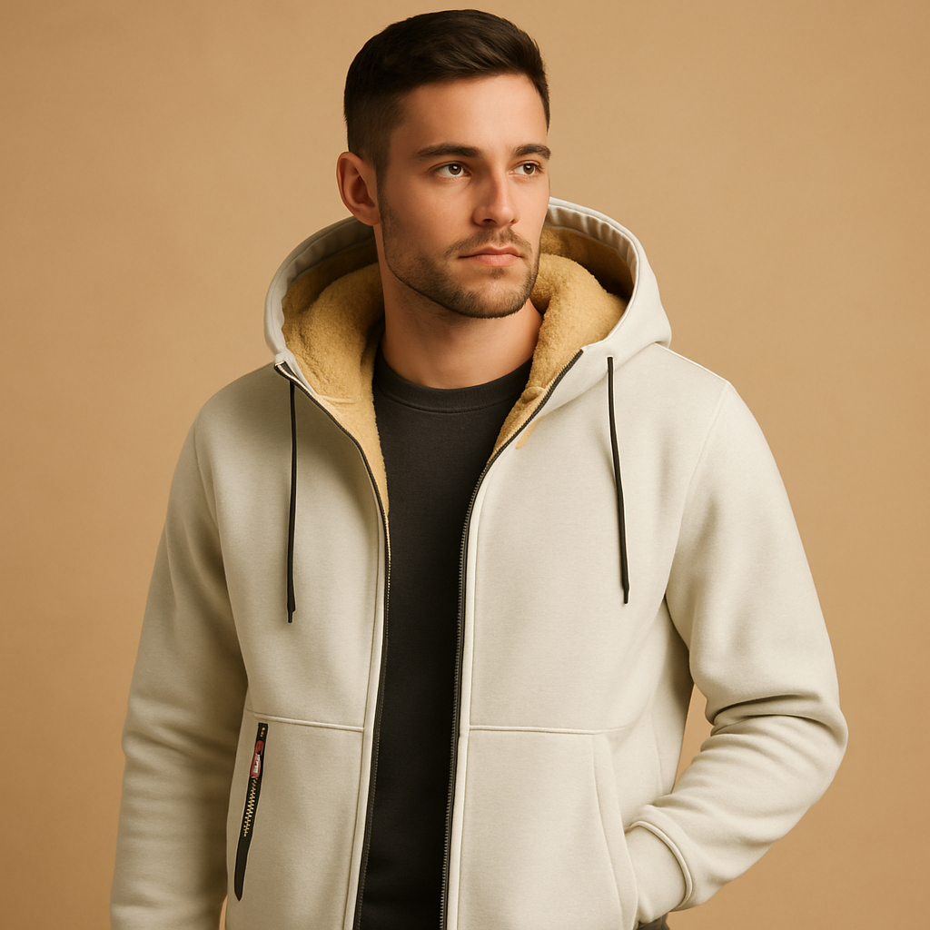 Men’s zipped hoodie with relaxed fit, hood, and zipper, available in black, gray, and navy blue. Perfect for casual wear, outdoor activities, or daily comfort.