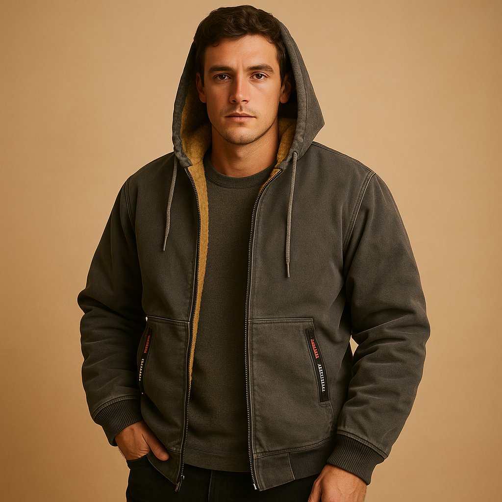 Men’s zipped hoodie with relaxed fit, hood, and zipper, available in black, gray, and navy blue. Perfect for casual wear, outdoor activities, or daily comfort.