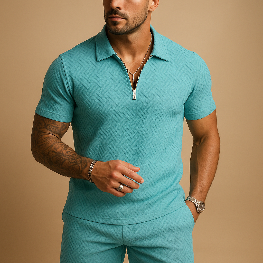 Casual zipper T-shirt and shorts summer set for men, ideal for beach days, lounging, or warm-weather casual outings.