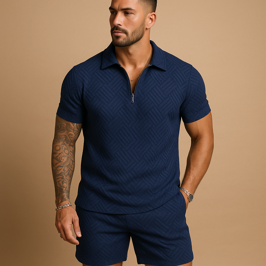 Casual zipper T-shirt and shorts summer set for men, ideal for beach days, lounging, or warm-weather casual outings.
