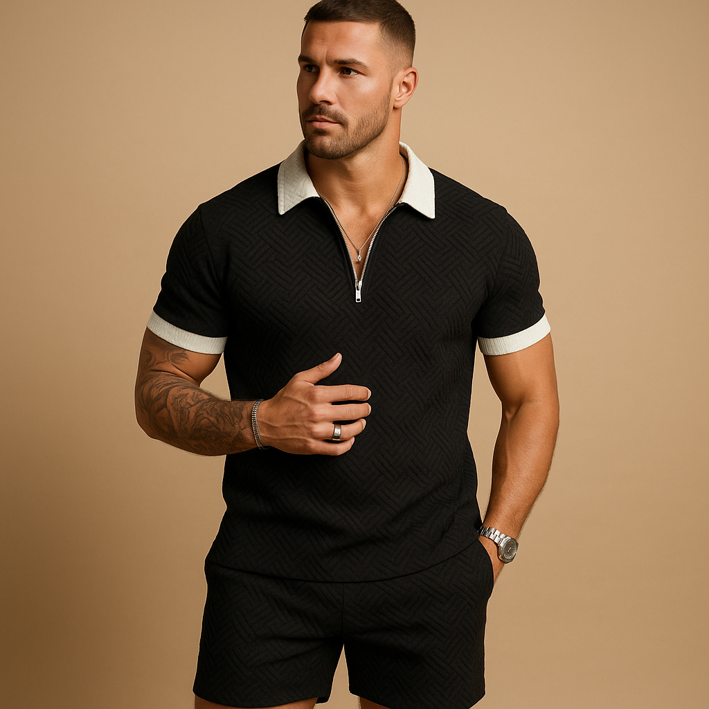 Casual zipper T-shirt and shorts summer set for men, ideal for beach days, lounging, or warm-weather casual outings.