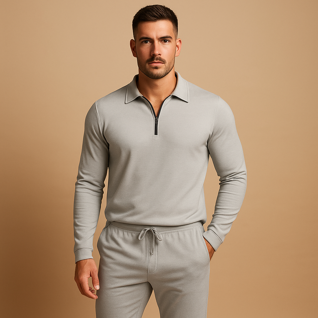 Modern slim fit tracksuit for men with zipper polo top and tapered joggers, perfect for casual outings or relaxing at home.