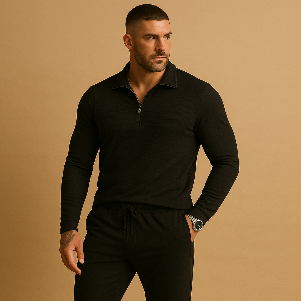 Modern slim fit tracksuit for men with zipper polo top and tapered joggers, perfect for casual outings or relaxing at home.