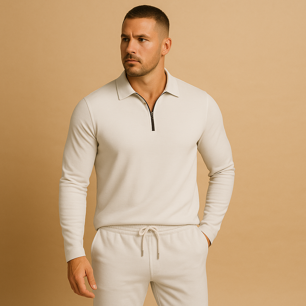 Modern slim fit tracksuit for men with zipper polo top and tapered joggers, perfect for casual outings or relaxing at home.