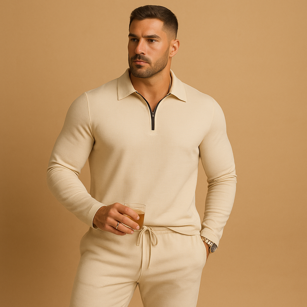 Modern slim fit tracksuit for men with zipper polo top and tapered joggers, perfect for casual outings or relaxing at home.