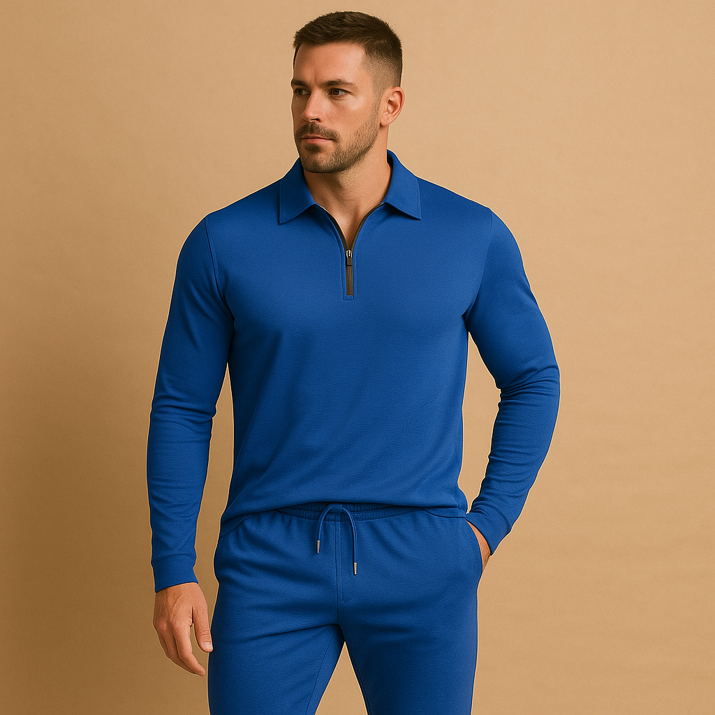 Modern slim fit tracksuit for men with zipper polo top and tapered joggers, perfect for casual outings or relaxing at home.